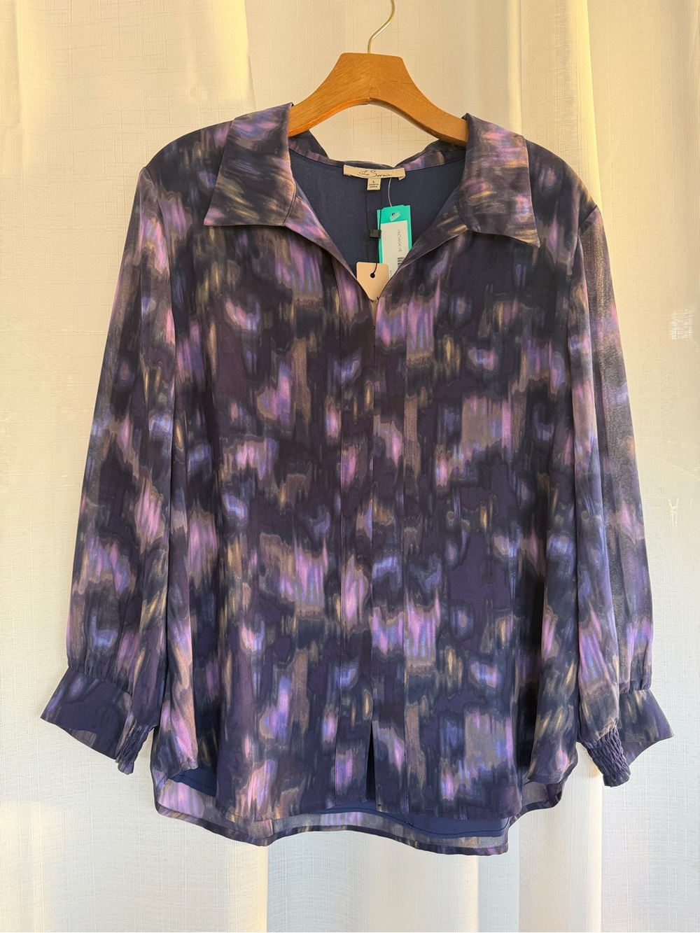 Les Serein Sheer Purple Abstract Blouse NWT Size Large Long Sleeve Collared Top